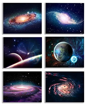 Universe Starry Sky Wall Art Outer Space Fantastic Nebula Galaxy Painting Pictures ，for Bedroom, Living Room, Bathroom Decor ，Posters for Kids, Boys or Girls Room ，Set of 6 （ 8 x10 ） Unframed