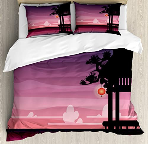 Ambesonne Nature Duvet Cover Sets, Exotic Scene of Ethnic Pavilion at Abstract Sunset Next to Ocean, Bedding Set with 2 Duvet Covers & 4 Pillowcases, 2 Pack King Size, Dried Rose Multicolor