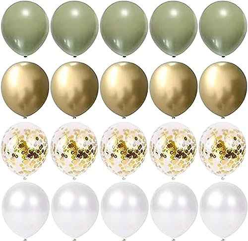 Yukiyi 20Pcs 12 Inches Sage Green, Gold and White Balloons - 5 Metallic Gold, 5 Sage Green, 5 White, 5 Gold Confetti