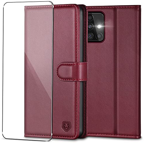 Handyhülle für Samsung A51 Hülle mit Panzerglas Schutzfolie Premium PU Leder Klapphülle mit Magnet Brieftasche Kartenfach RFID Schutzhülle Handytasche Etui Cover für Samsung A51 Galaxy Case - Weinrot
