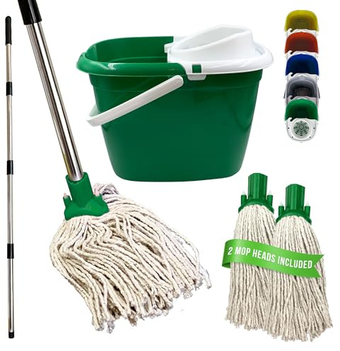 Floor Mop and Bucket Set - 2PC Mops for Cleaning Floors with Bucket, Pure Yarn Mop Heads and Heavy-Duty Mop Bucket, Industrial Mop and Bucket for Domestic and Commercial Use (Green)