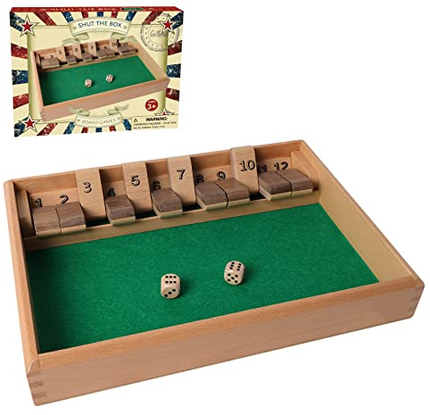 GOTHINK Shut The Box Wooden Board Dice Game - 12 Numbers Traditional Wooden Table Math Board Game with 2 Dice for Kids & Adults Classics Board Game Perfect for Family, Classroom, Home or Pub Bar