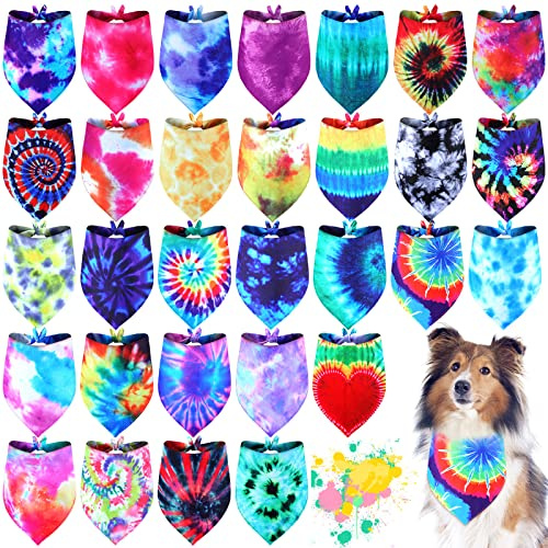 Silkfly 30 Pack Summer Spring Tie Dye Dog Bandanas, Bulk Dog Bandana for Dogs, Washable Rainbow Triangle Pet Kerchief Scarf Bibs for Outdoor Travel Camping Party Photo Props, 30 Styles(Extra Large)