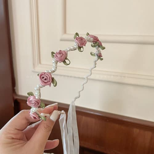 Haarbänder für Damen, Stirnband Haarschmuck für Frauen und Mädchen, Modische Blumenmädchen-Stirnbänder mit Quasten, Haarband, Blumenkopfbedeckung mit Perlen, Rosa