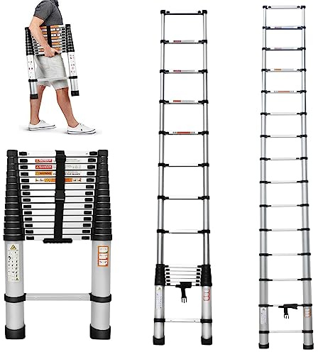 3,2M Klappleiter Aluminium Teleskopleiter Verlängerungsleiter EN131-zertifizierte Tragbare Mehrzweck-Schritt-Leiter 14 Stufen, Gefaltet 80cm Rutschfester Ausziehleiter für Haus,150 kg Belastbarkeit