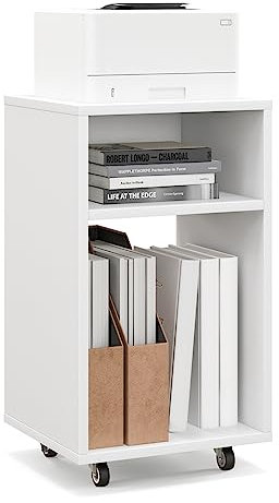 COSTWAY Druckertisch mit Rollen, mobiler Rollcontainer mit 2 offenen Regalen, Druckerständer, Bürowagen weiß, Aktenwagen für Zuhause & Büro, 33 x 30 x 58 cm