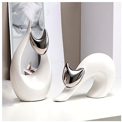 Tauzveok Katzen Deko Statue, Modern Abstract Kunst Skulpturen,Katze Skulptur für Dekoration Wohnzimmer, Büro, Schlafzimmer, Keramik,Glückskatze,Silver 2