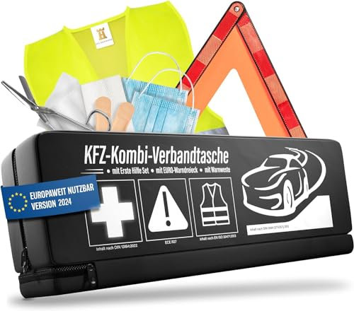 HELDENWERK 3 in 1 Erste Hilfe Set Auto 2026 europaweit einsetzbar & geprüft (StVO konform) I KFZ Kombitasche mit Warnweste, Warndreieck & Verbandkasten I Unfall Zubehör Set, PKW-Notfallset, Pannenset