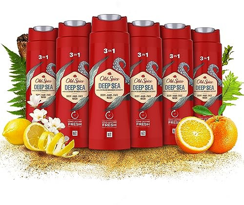 Old Spice Deep Sea Men’s Shower Gel & Shampoo 250ml Multi-Use 3-in-1 Hair-Face-Body Wash, Long Lasting Fresh, Perfume Quality Scent, Pack of 6