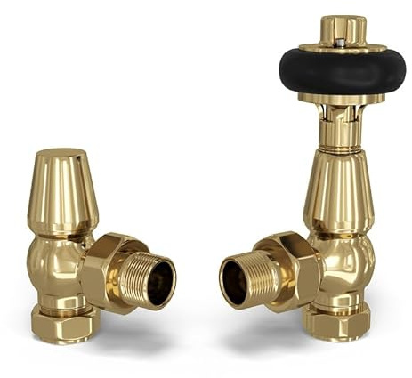 UK Radiators Polished Brass Thermostatic Radiator Valve and Angled Lockshield - Polished Brass Finish - Traditional Design 1/2 x 10mm Wooden Head Radiator Valve