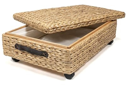 happimess BSK1006A 26.38 Chett Minimalist Hand-Woven Hyacinth/Wood Underbed Storage Bin with Wheels and Handles for Storage and Decoration in Bathroom, Bedroom, Closet, Entryway, Guest Room, Natural