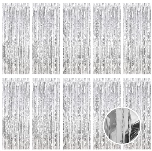 10 Pack Silver Foil Curtain Backdrop 3.2ft x 9.8ft Metallic Tinsel Foil Fringe Curtains Streamer Photo Booth Backdrop for Birthday Party Engagement Bachelorette Party Decorations (Silver)