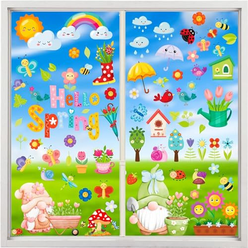 Fensterbilder Frühling Selbstklebend, 115 Stück Fensterfolie Blumen Tier, Wiederverwendbare doppelseitige Fensteraufkleber, Anti-Kollision Fensterfolie für Kinderzimmer, Küche, Bad