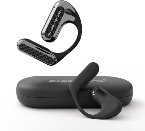 BADENBURG EarStereo 1 Open Ear trådlösa hörlurar, Bluetooth-hörlurar, 60h speltid, 15,4 mm ekologiska fiberdrivrutiner med SoundPlus-algoritm, ENC brusreducering, kontor/fitness/fritid (svarta)