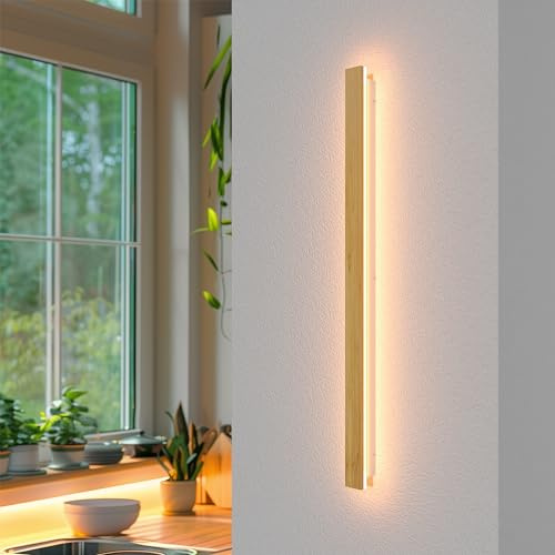 AOLED LED Wandleuchte Holz Innen 100cm, 31W Bambus Wandlampe Modern Minimalistisch, 3000K Warmweiß, Längliche Flurlampe Treppenlicht für Wohnzimmer, Schlafzimmer, Flur & Balkon