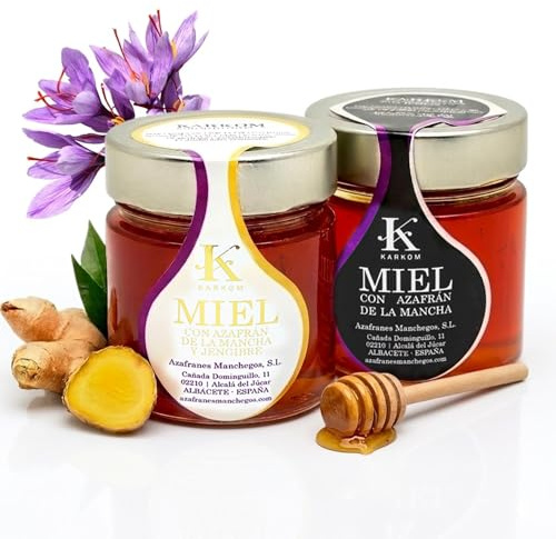 Pack X2 Miel Pura de Abeja Con Azafrán de la Mancha y Jengibre Natural, de Abeja de Origen Español, Pack Para Regalo de Miel Cruda Artesana Gourmet Procedente de la Mancha