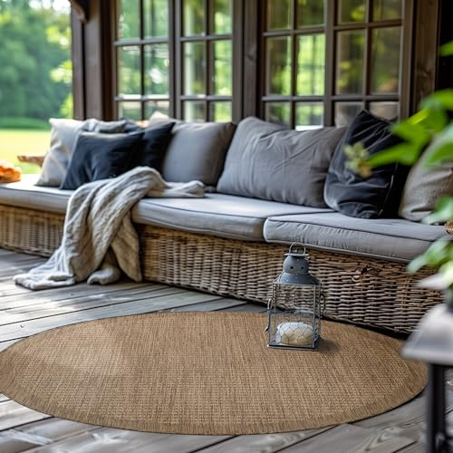 SIMPEX In- & Outdoor Teppich Wetterfest 160 cm Rund Einfarbig Braun - Waschbar, Wasserfest, Pflegeleicht und Flachgewebe - Ideal für Balkon, Garten, Terrasse und als Küchenteppich