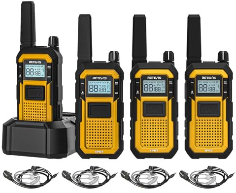 Retevis RB648 Funkgeräte, IP67 wasserdichte Walkie Talkie für Erwachsene, Dual PTT, SOS-Vibration, 2000mAh, Wiederaufladbares Walkie Talkies mit Ohrhörer für Baustelle (4 Pack, Gelb)