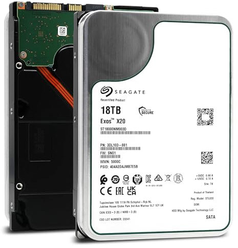Seagate Exos X20, 18TB HDD, 3,5 interne Festplatte, 256MB Cache SATA 6.0 GB/s, 7.200 U/min, HDD - Modellnr.: ST18000NM003D (Generalüberholt)