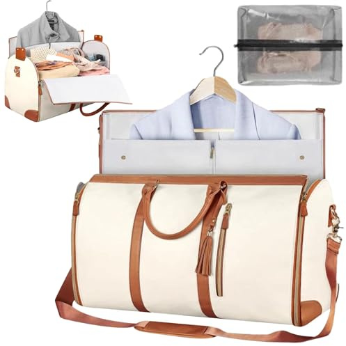 CXINLky Faltbare Reisetasche Kleidersack Travel Duffle Bag PU Leder Wasserdicht Reisetasche Faltbar Große Kapazität Kleidersack Reisetasche Anzugtasche Reisetasche-Weiß