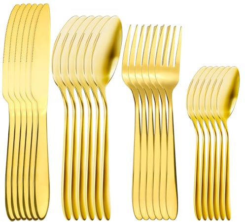 RETON Lot de 24 couverts pour 6 personnes, en acier inoxydable, fourchettes, couteaux, cuillères, couverts de camping, pour la maison, les fêtes, les restaurants, passe au lave-vaisselle (Or)