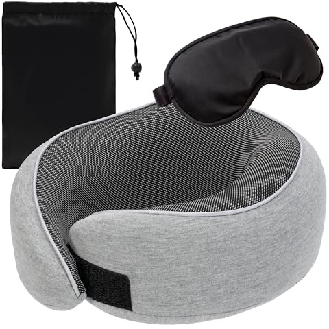 GLOBE CRAFT Cuscino da Viaggio Memory Foam con Mascherina e Tappi – Comfort Cervicale per Aereo e Auto