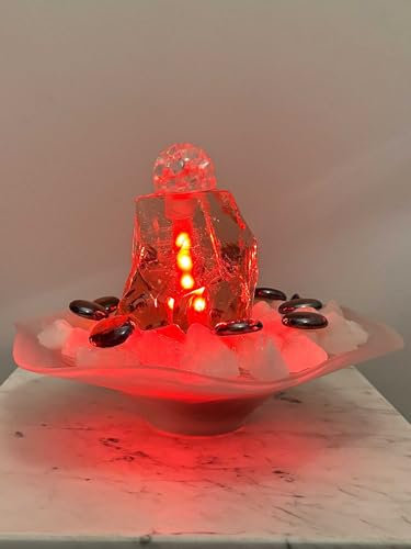 Kugelbrunnen Red Sunset mit Pumpe, LED-Licht und Bergkristall-Chips, Quellstein aus Glas, Kleiner edler Tischbrunnen (Schalenfarbe: Rosa)