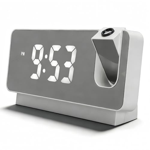 MENDUNER Wecker Digital MIT Projektion, Projektionswecker, Projektion Wecker Uhrzeit Datum Temperaturanzeige 180 Grad Weitwinkel HD LED Bildschirm Projizierbare Uhr für Startseite (White)