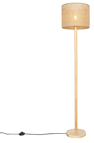 QAZQA - Landhaus I Vintage Smarte Holz-Stehleuchte I Stehlampe I Standleuchte I Lampe I Leuchte mit naturfarbenem Leinenschirm 32 cm inkl. Wifi A60 - Mels I Wohnzimmer I Schlafzimmer - Rund - LED geei
