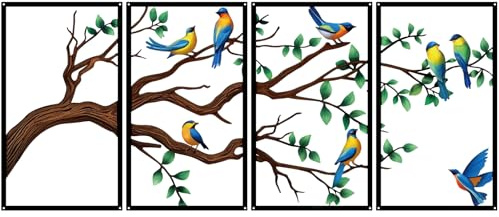 ruelen 4 Stück Wanddeko Metall Vögel Äste Wandbild Wohnzimmer Wall Art | Große Deko Wand Wanddekoration im Naturstil für Schlafzimmer,Outdoor,Wohnzimmer,Küche,Badezimmer,Balkon,Büro