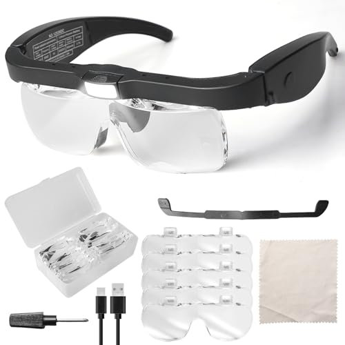 Gafas de lupa con luz, 150D, 250D, 2.0X, 3.0X, 4.0X, lentes intercambiables, gafas de lupa LED, ideal para hobby, lectura, electricistas, joyeros, costura, reparaciones y personas mayores