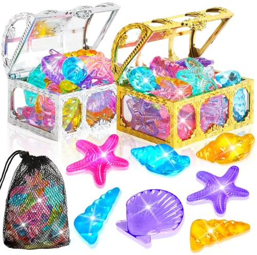 MARFOREVER 38 Pcs Pool Toys, 36 Diving Gems for Kids Colorful Sinking Diving Gems Assorted Crystals Gems with 2 Pirate Treasure Chest Boxes Mesh Bag for Boys Girls Swimming Beach Bathroom Water Toys