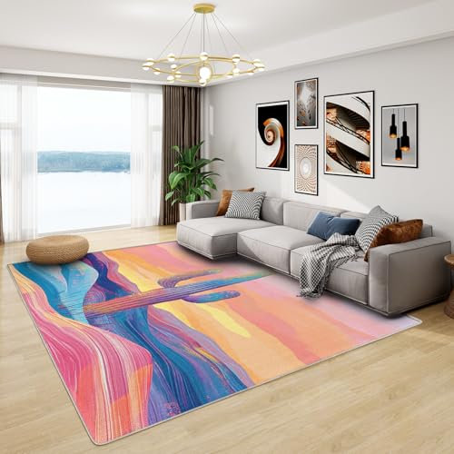 Tappeto colorato con cactus sfumati, per soggiorno e camera dei bambini, lavabile, antiscivolo, morbido, motivo sfumato arcobaleno, grande, 160 x 230 cm, decorazione per la casa