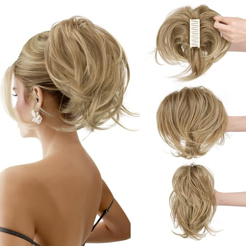 Sofeiyan Zopf Haarteil mit Klammer,Kurze Pferdeschwanz Haarverlängerung mit Integriertem Flexiblem Draht für DIY-Styling,Glattes Kunsthaar Ponytail Extension Perücke für Frauen,Sand