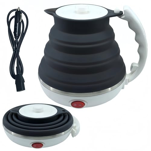 DOFQQG 24V Portable Kettle, Collapsible Truck Kettle with Cigarette Lighter Plug, Foldable Hot Water Boiler for Truck, Food Grade Silicone, Fast Boiling, Auto Shut Off and Keep Warm,450ml (24V Black)