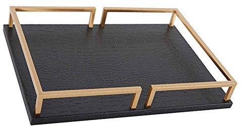 Plateau décoratif noir de luxe avec poignées en métal doré, plateau de table basse moderne en bois et métal pour décoration d'intérieur, plateau de service rectangulaire élégant FBJ261
