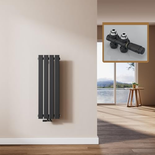 EMKE Design Heizkörper Klein, 900x304 mm Vertikal Flachheizkörper mit Mittelanschluss, Einlagig Schwarz Paneelheizkörper Wandheizkörper für Bad, Schlafzimmer & Wohnzimmer, 297W