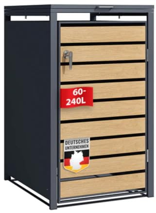 Floordirekt Mülltonnenbox 1er Mülltonne für 60-240 L - Anthrazit mit Holzdekor - inkl. Erweiterungsmöglichkeit - Mülltonnenverkleidung, 1 Tonne, Garten Müllhaus, Johann