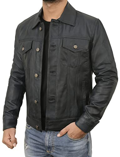 Fashion_First Mens Vintage Black Trucker Leather Jacket - Denim Jacket