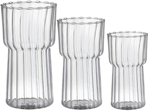 QmjdDymx Casas acanaladas, Taza de Vidrio Acanalado 3 Piezas de 3 Piezas tamaños (325 ml, 590 ml, 740) Cazas Transparentes de cristalería de una Capa para Bebidas con Jugo de café Helado, cristalería