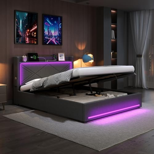 Upholstered Ottoman Bed with LED Lighting and USB Tyep-C Charging Station, 4ft6 Double Bed Frame with Storage, Linen Functional Storage Beds with Gas Lift End Opening Wooden Slats, No Mattress, Grey