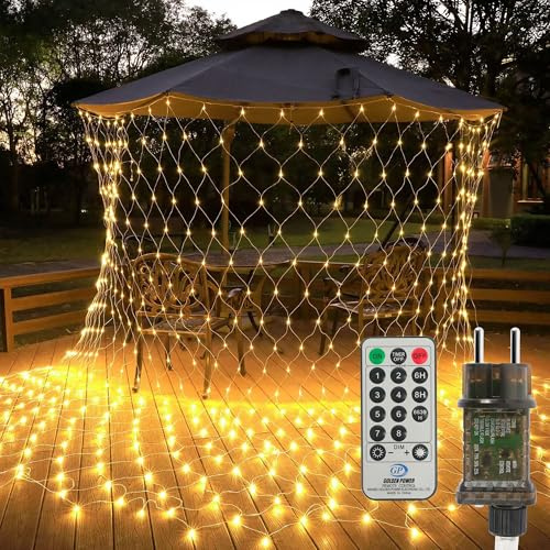 SYCEES Rete Luci LED 3x2M,200 LED Catene Luminose con Telecomando e Timer,Luci Dimmerabile 8 Modalità Funzione di Memoria per Casa Giardino Terrazza Natale Feste Balcone Soffitto,Bianco Caldo IP44