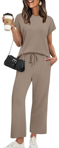 XIEERDUO Two Piece Outfits for Women Lounge Sets Summer Cap Sleeve Tracksuits Spring Wide Leg Loungewear Travel Track Suits Airport Cruise Resort Wear Vacation Clothes Matching Clothing Khaki S