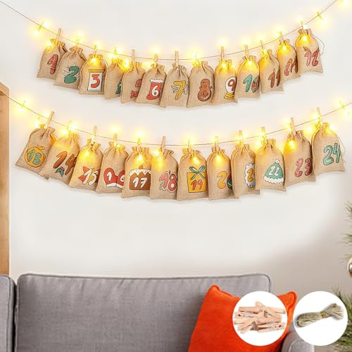 2025 Fillable Advent Calendar Gift Bags, 24Pcs Xmas Wrapping Sacks Fill Your Own Advent Calendar, Hanging Display Reusable Fabric Gift Bags for Xmas Tree Window Gifts Décor, (light not include)