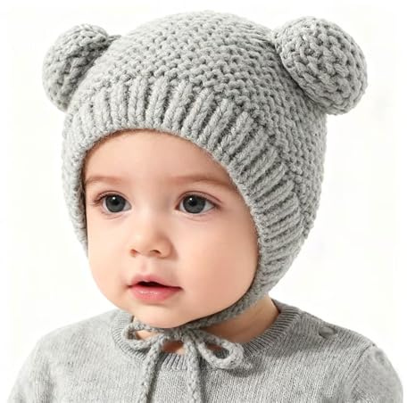 XNDZ Baby Earflap Beanie Hat with Cute Bear Ears Infant Toddler Boys Girls Warm Cap Autumn Winter Knit Hat for 3-24 Months