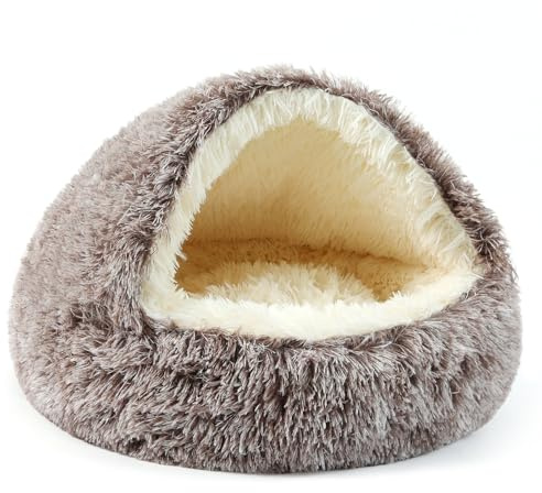 Belababy Calming Dog Bed, Fluffy Dog Cave Bed Small Medium with Upgraded Support Hood, Non-Slip Warm Donut Cat Beds for Indoor Cats (50CM, Gradient Brown)
