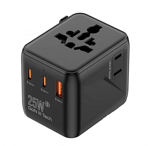 Adattatore da viaggio universale 25W Ricarica rapida 1 USB 2 Tipo C per AUS, US, UK, EU, Giappone Adattatore da viaggio internazionale Spina da viaggio mondiale per iPhone, laptop, tablet e altro