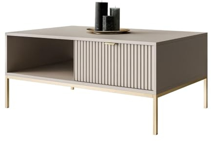 Lookway Couchtisch Cortado Gold L-104, Kaschmir | mit Schublade, geriffelte Fronten, goldfarbenes Metallgestell, 104×46×68 cm