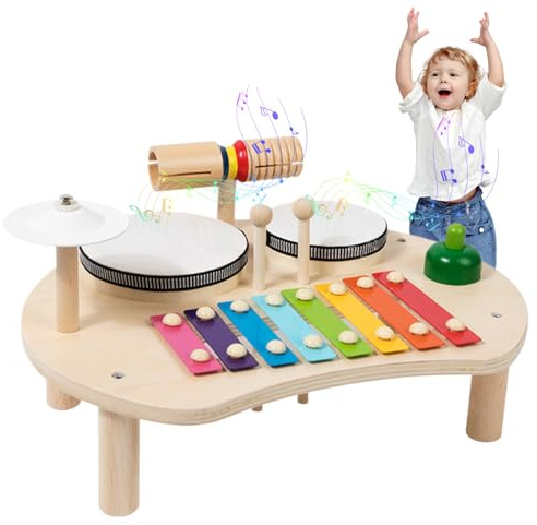 Kleinkind-Trommelset, 5-in-1, rundes, pädagogisches Baby-Musikspielzeug aus Holz mit Aufbewahrungsschlitzen, babysicher, aufschlussreiche Kindermusikinstrumente, Kindertrommel-Set, Kleinkind