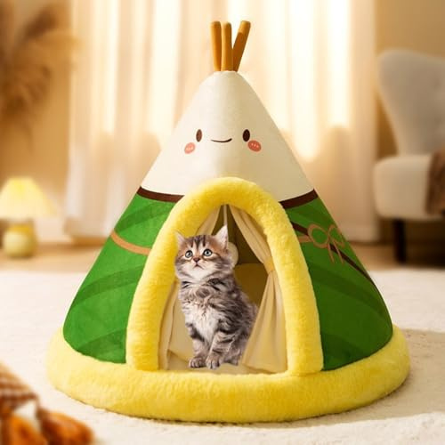 Slutet katttält, kattbäddar för inomhuskatter, bekväm triangelformad tipi med avtagbart tvättbart överdrag och halkfri botten för katter och små hundar,Green,S